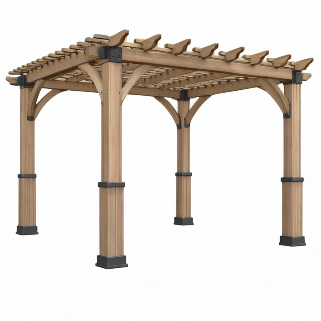 Pergola ogrodowa 300 x 300 x 250 cm drewniana naturalny brąz z czarnymi okuciami klasyczna na taras