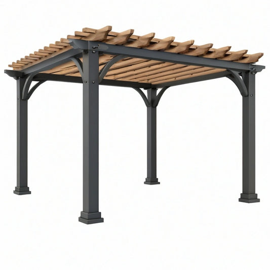 Pergola ogrodowa 300x300x240 cm metalowa drewniana czarno brązowa konstrukcja ażurowa