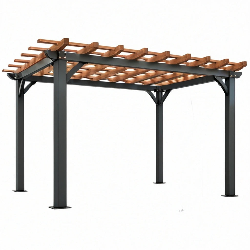 Pergola ogrodowa 300 x 300 x 230 cm ze stali i drewna czarna brązowa ażurowa