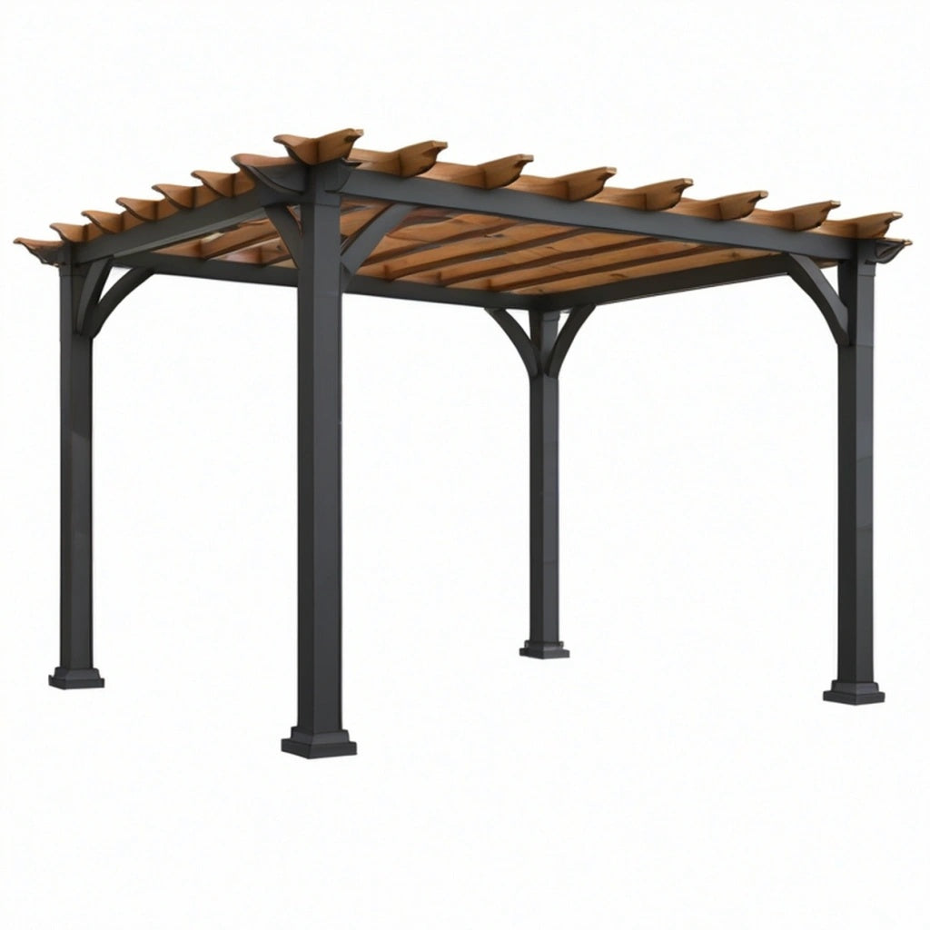 Pergola ogrodowa 300 x 300 x 240 cm stalowa czarna z drewnianym zadaszeniem ażurowym