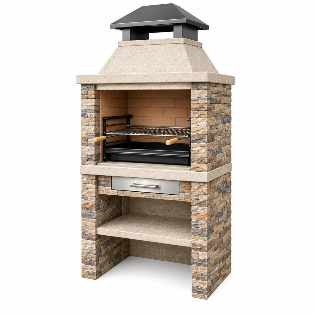 Grill ogrodowy 120 x 70 x 220 cm z kamienia i stali beżowy do grillowania z kominem