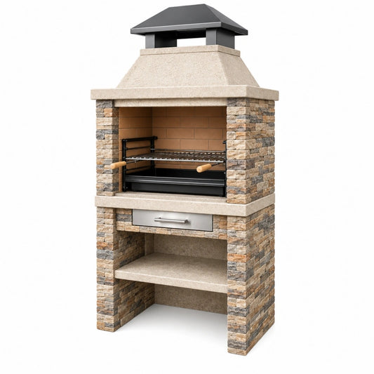 Grill ogrodowy 120 x 70 x 220 cm z kamienia i stali beżowy do grillowania z kominem